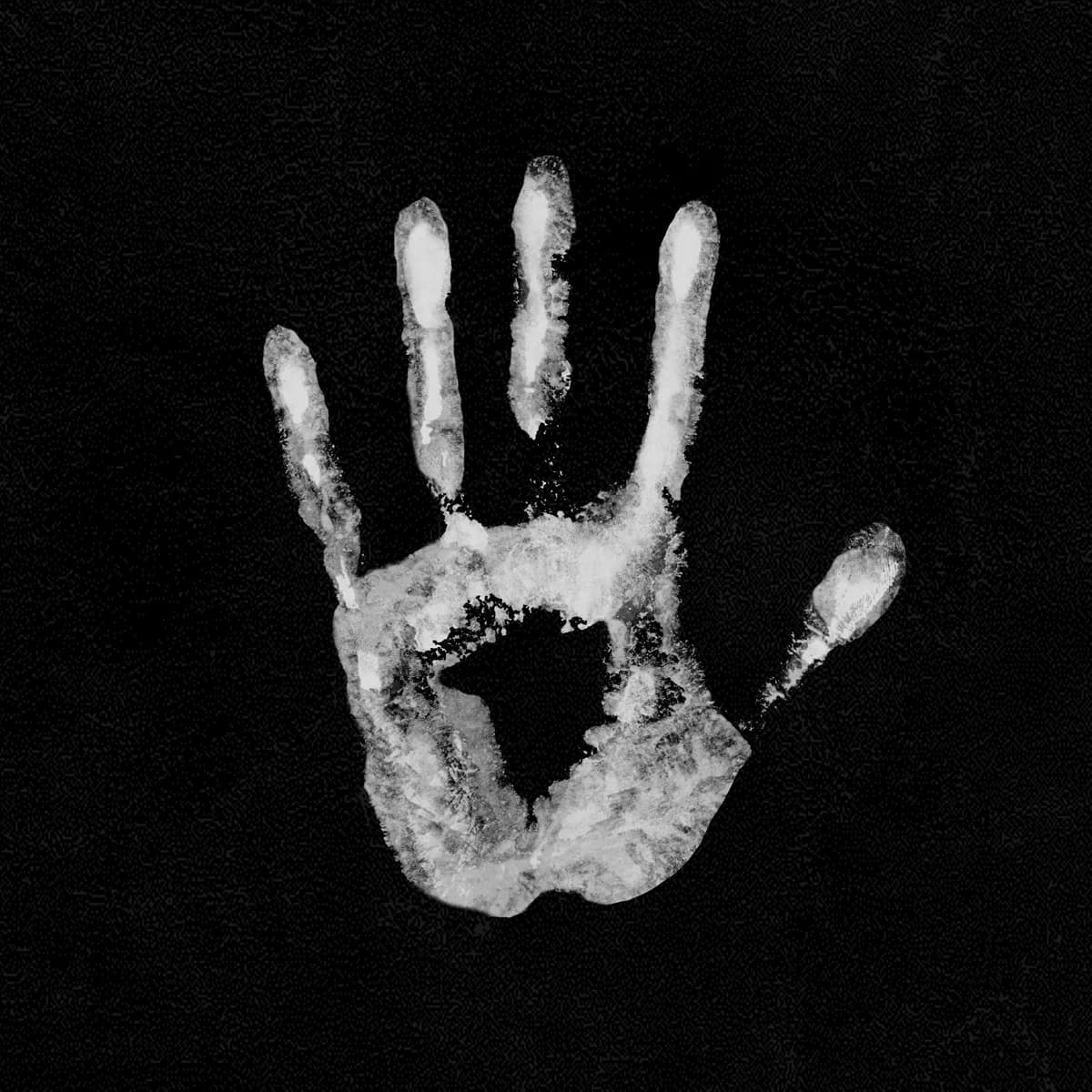 A glowing white handprint representing the human race